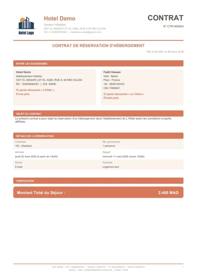 Contrat de réservation généré automatiquement