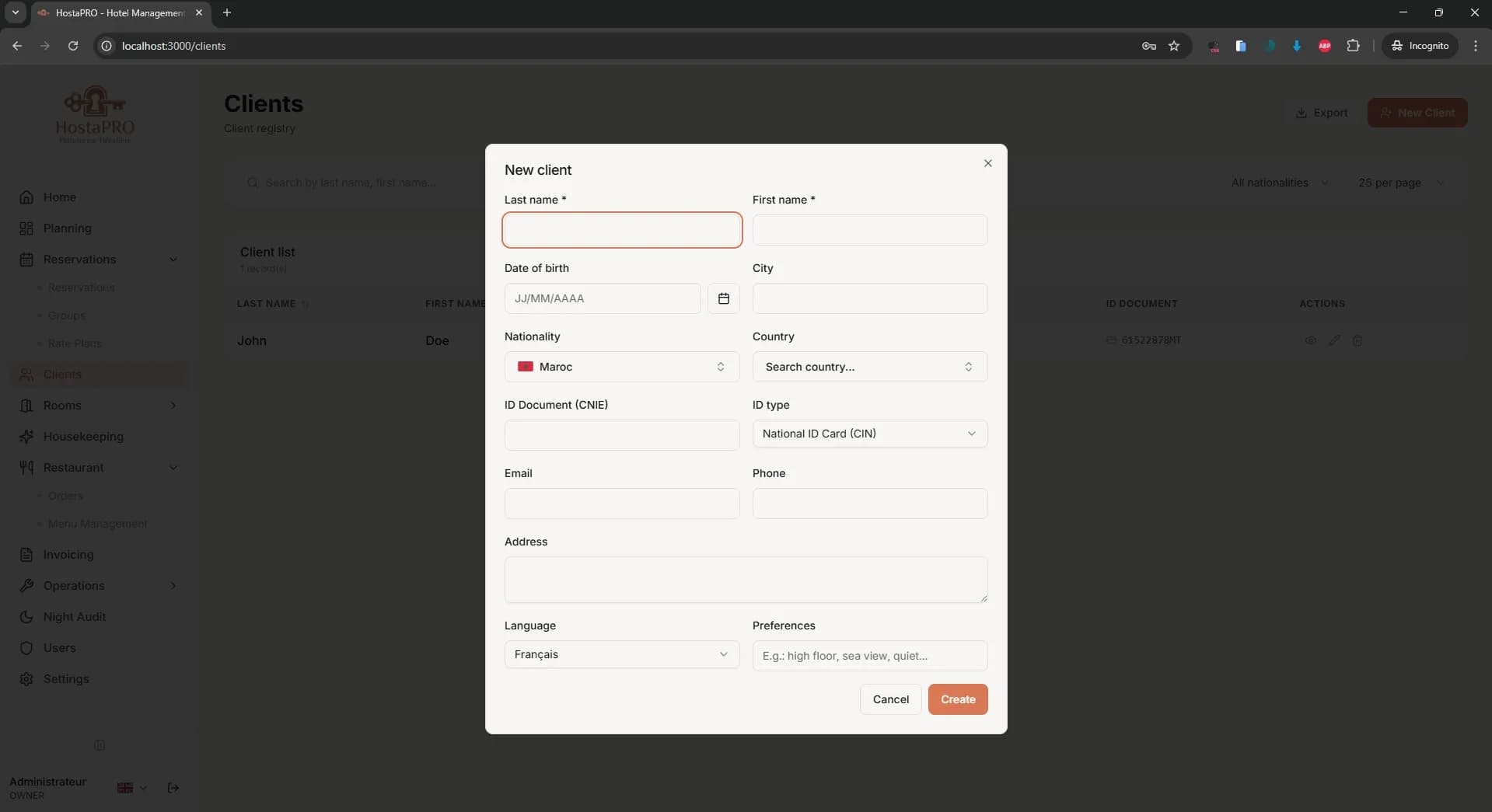 HostaPRO form to create a new guest profile with personal details, ID document and contact information