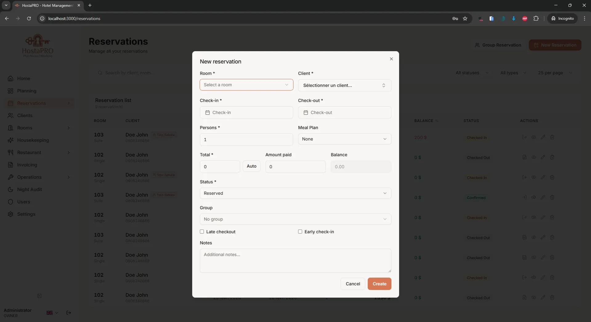 Creating an individual reservation in HostaPRO