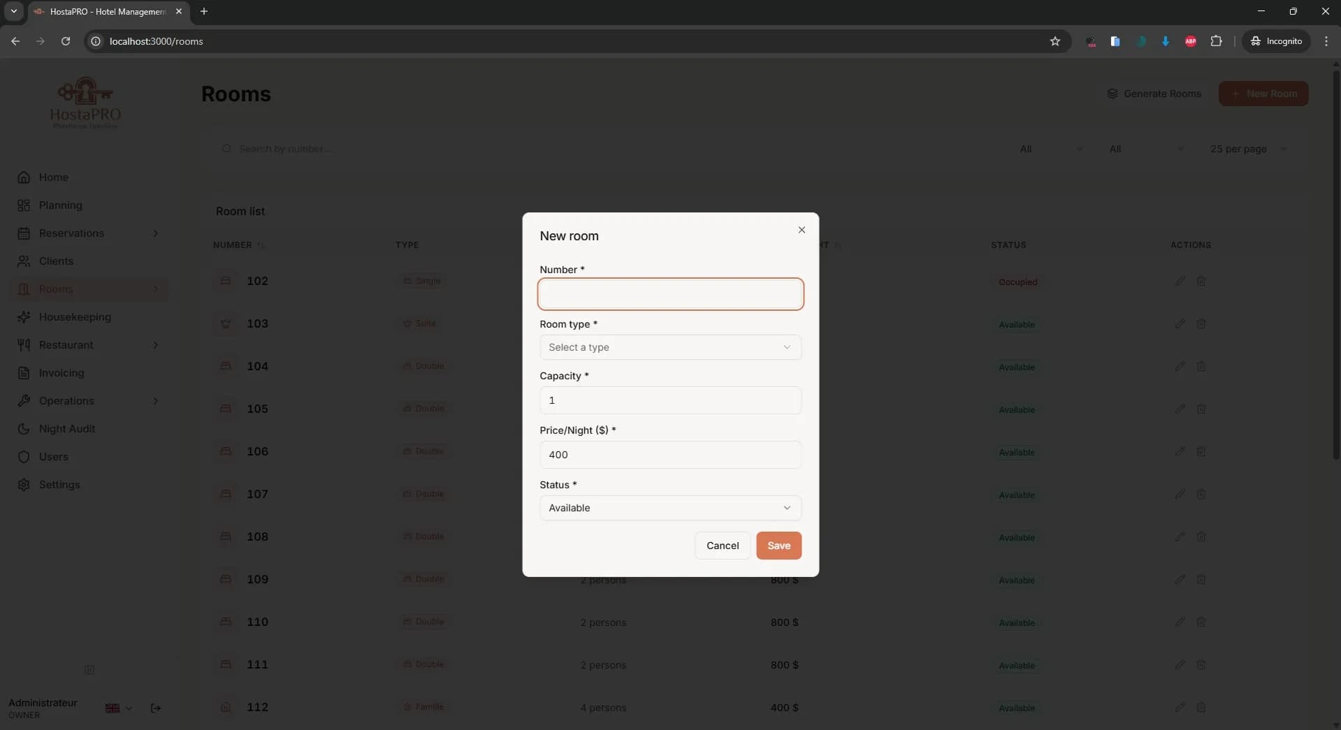 HostaPRO form to add a new hotel room with room number, type, floor and amenities configuration