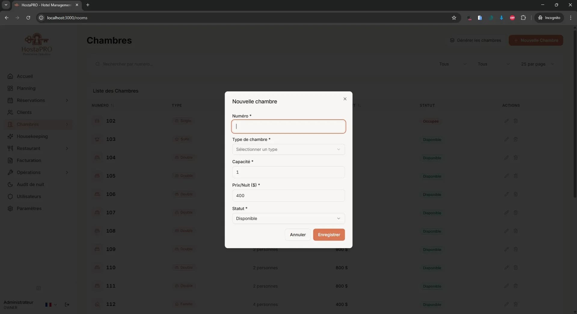 Formulaire HostaPRO pour ajouter une nouvelle chambre avec numéro, type, étage et configuration des équipements