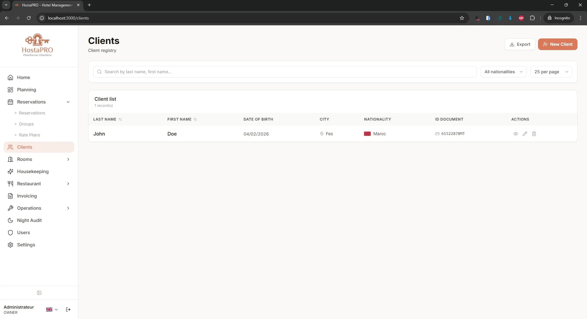 HostaPRO client directory with searchable guest database showing contact details and stay history