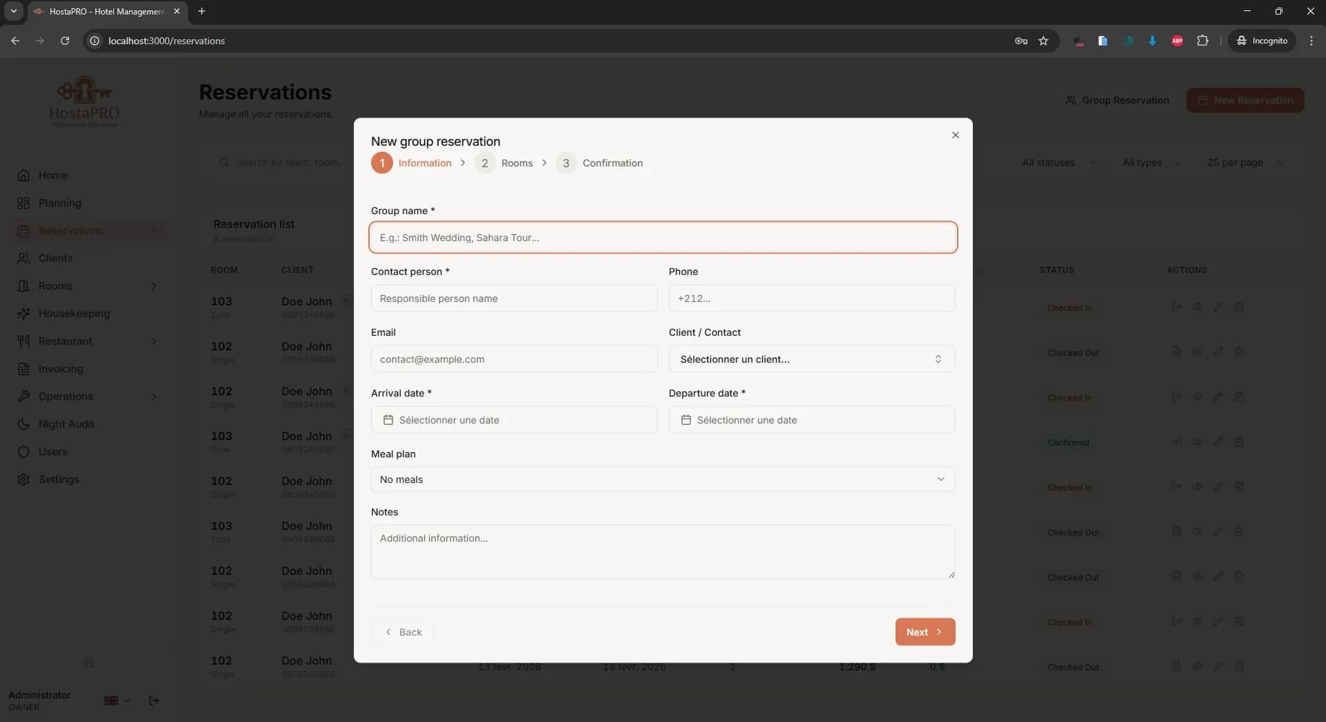 Creating a group reservation in HostaPRO
