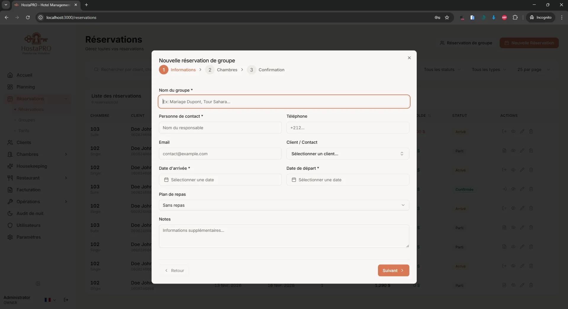 Formulaire HostaPRO pour créer une réservation de groupe avec plusieurs chambres et un compte de facturation commun