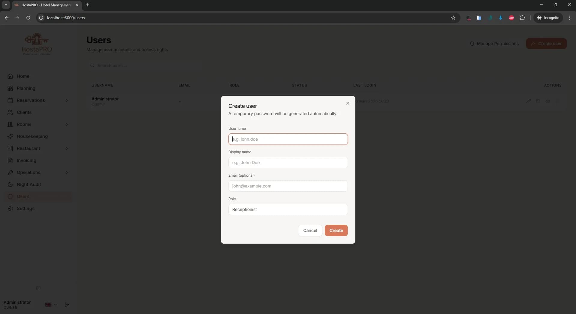 HostaPRO create user form to add new staff accounts with role assignment and access credentials