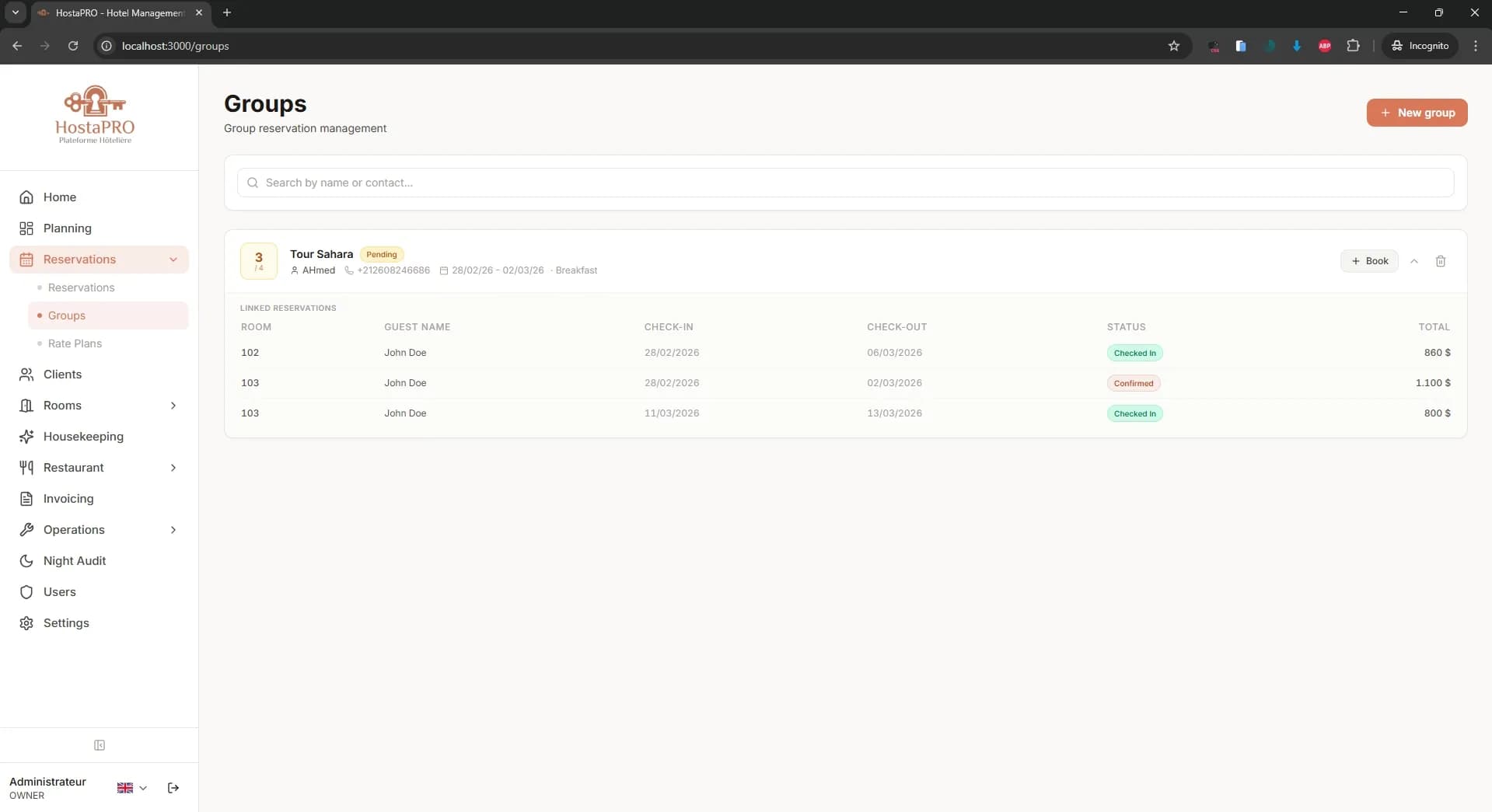 HostaPRO group reservation view managing multiple rooms booked under a single group booking