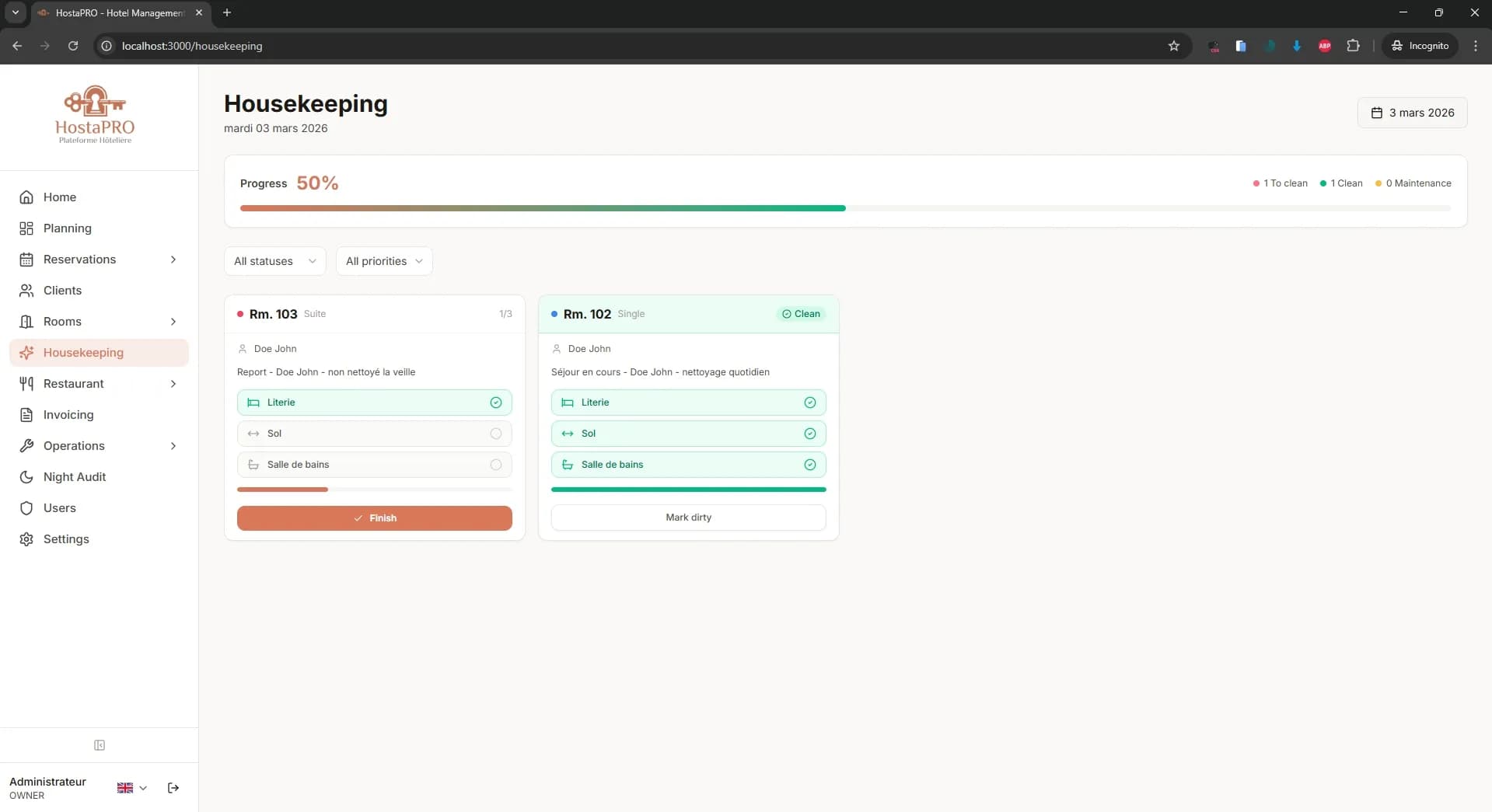 HostaPRO housekeeping board showing room cleaning status, assigned staff and priorities for the day