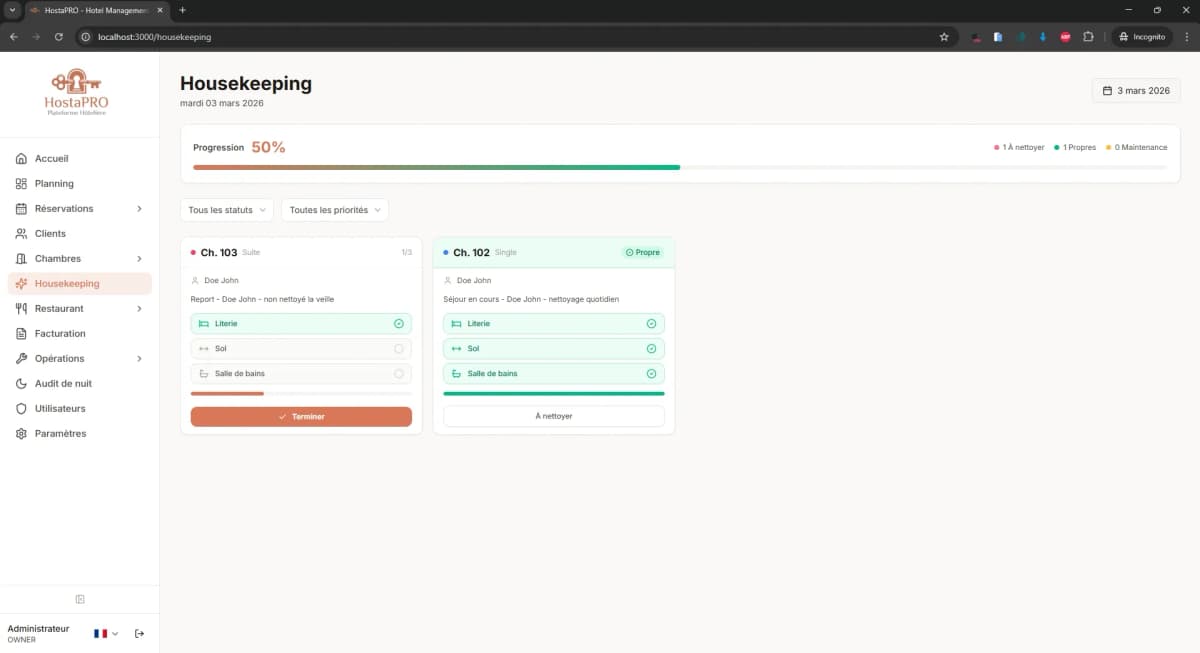 Module Housekeeping - nettoyage des chambres