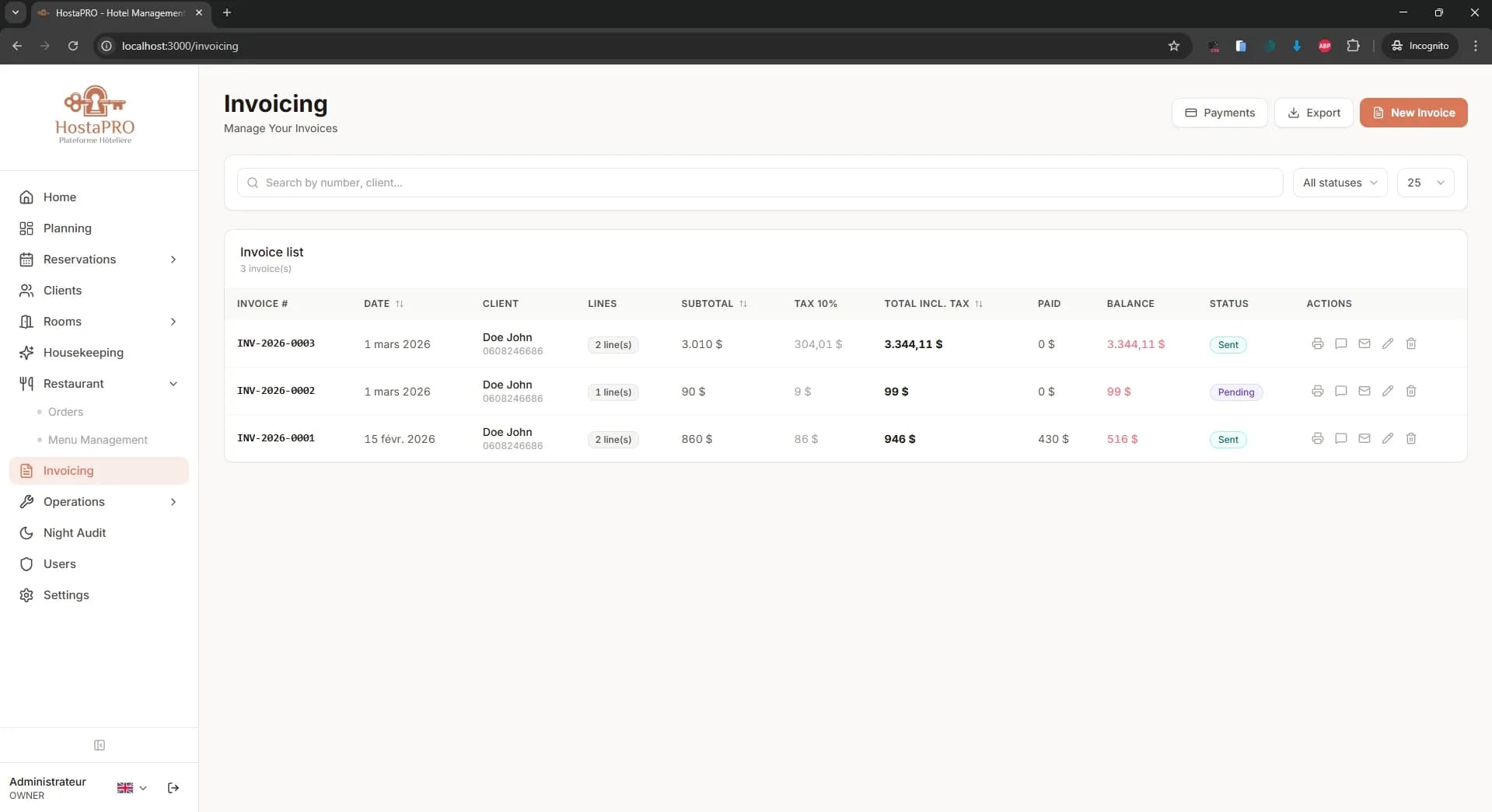 HostaPRO invoicing module listing all generated invoices with amounts, status and payment dates