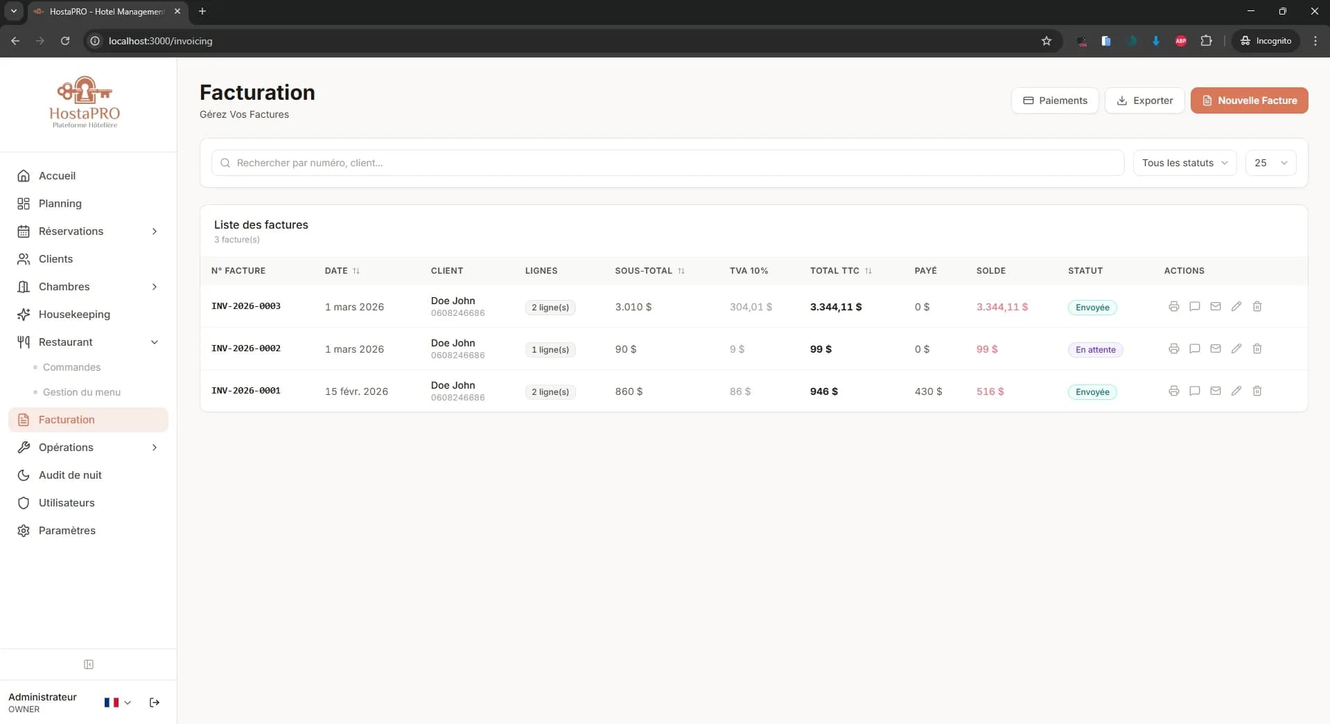 Module de facturation HostaPRO listant toutes les factures générées avec montants, statuts et dates de paiement