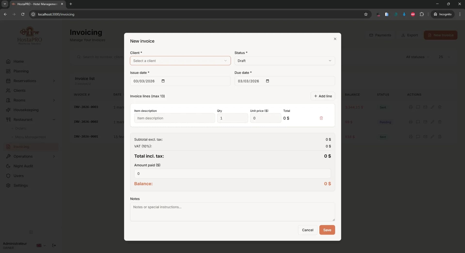 HostaPRO new invoice creation screen with line items, taxes and payment method selection