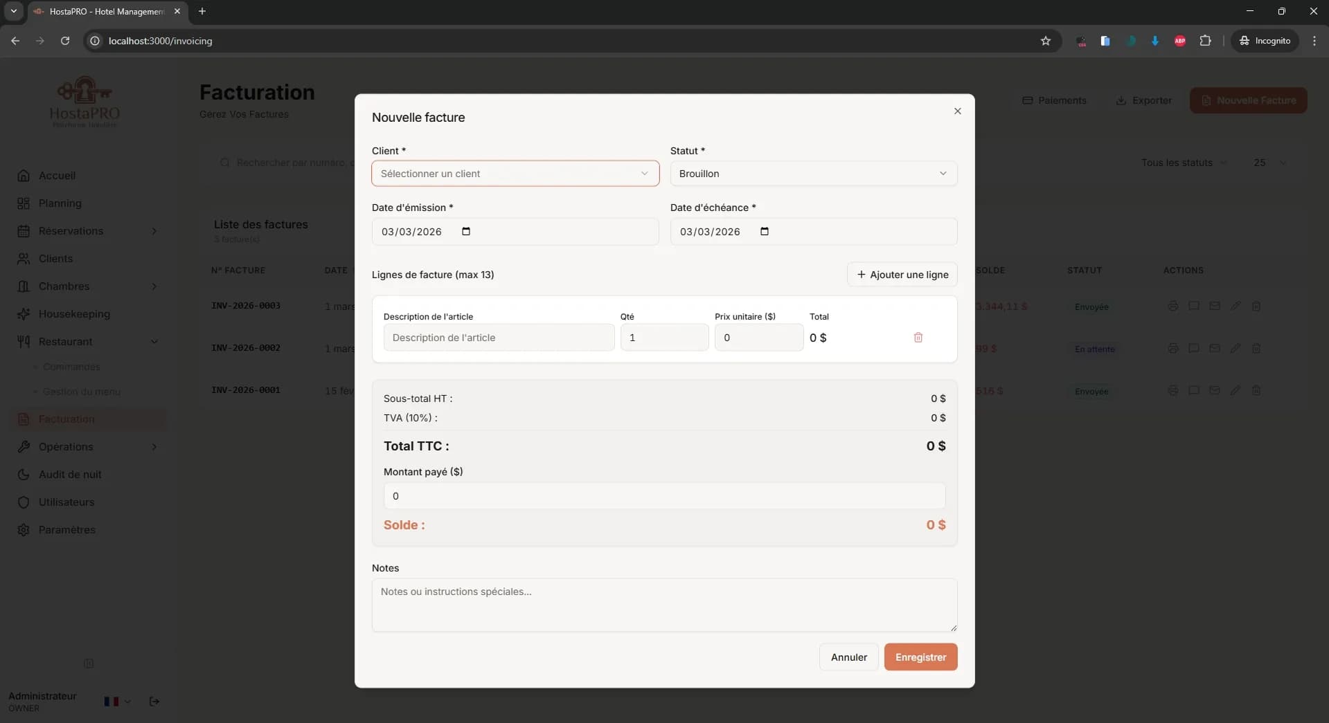 Écran de création de nouvelle facture HostaPRO avec lignes de détail, taxes et sélection du mode de paiement