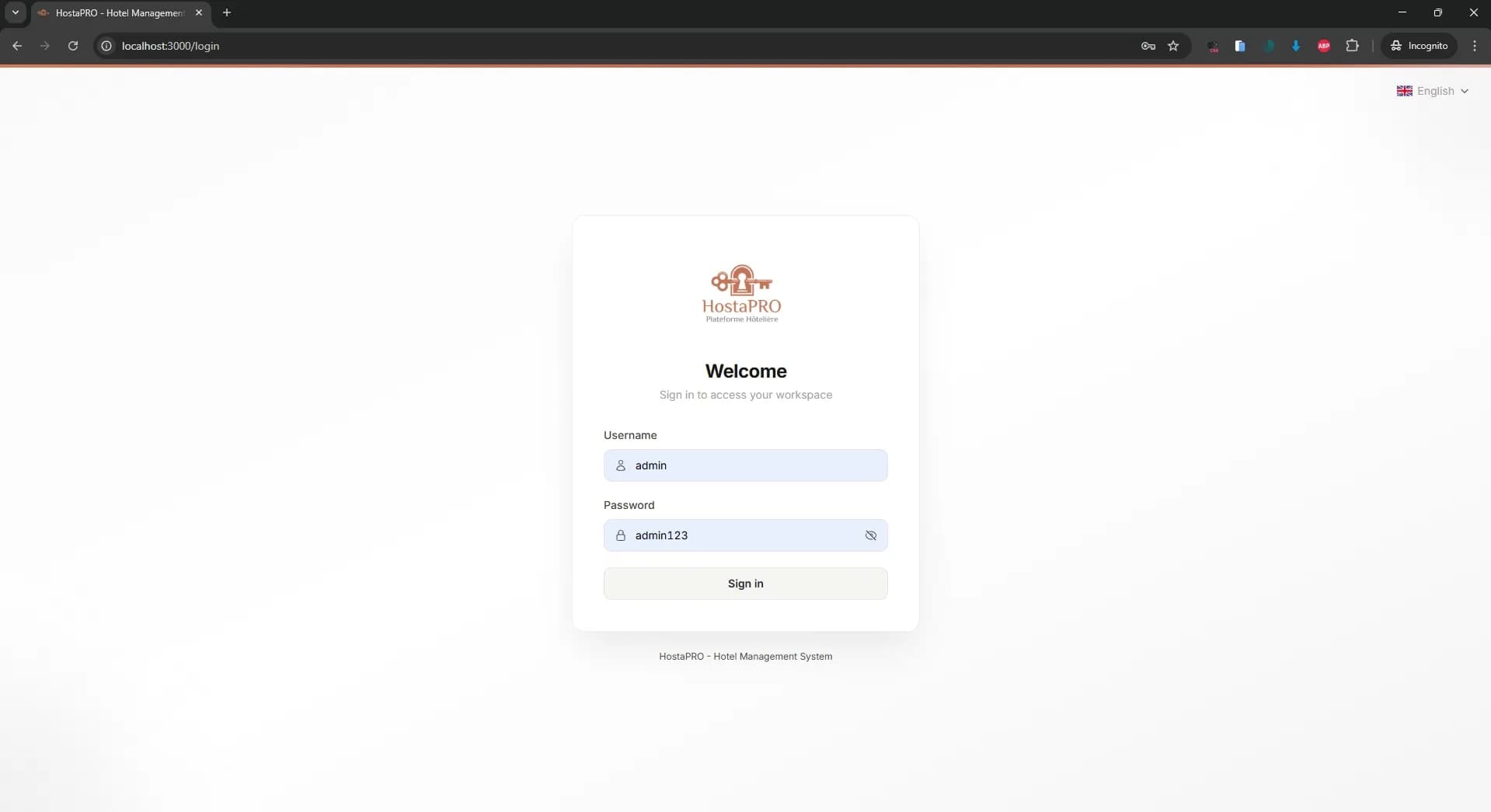 HostaPRO login screen with username and password fields on a modern dark interface