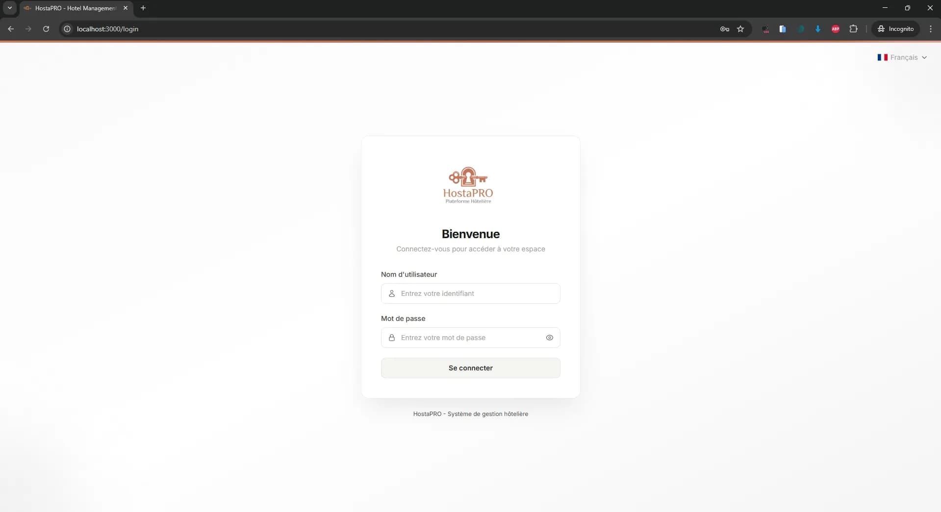 Écran de connexion HostaPRO avec les champs identifiant et mot de passe sur une interface moderne