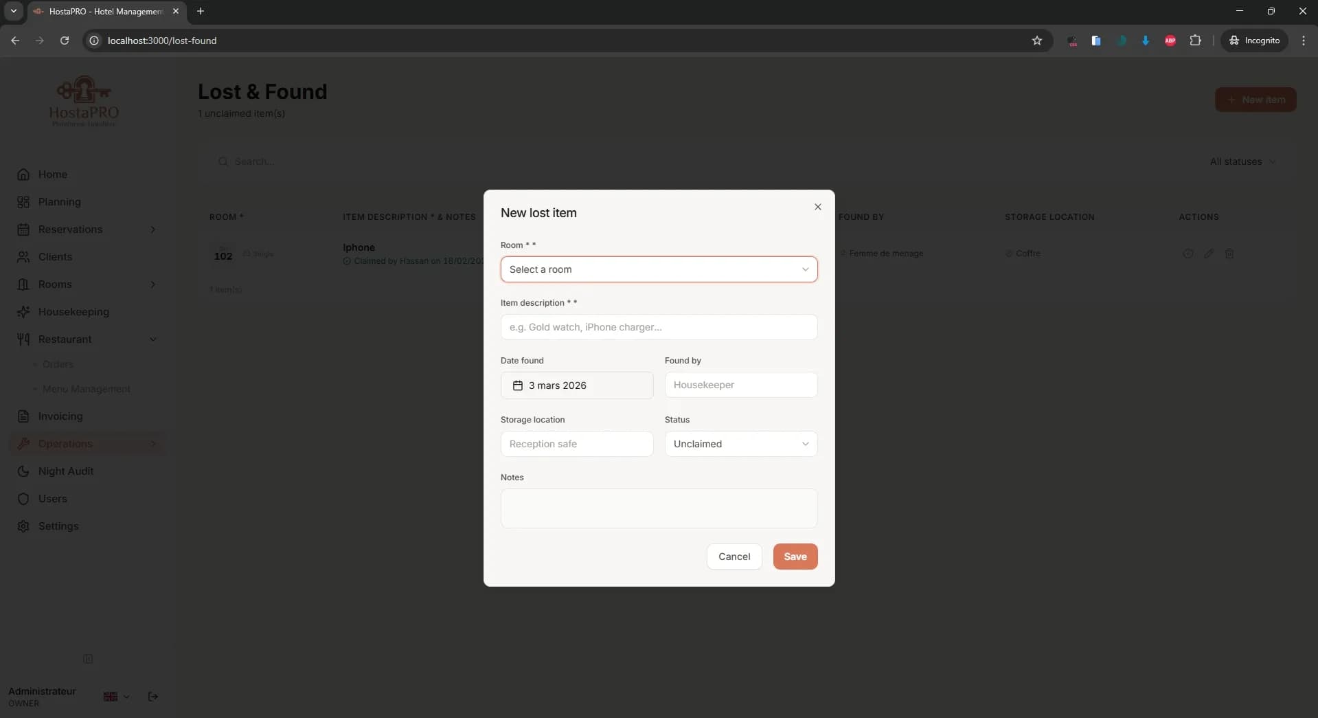 HostaPRO lost and found register to log and track items found in hotel rooms and common areas