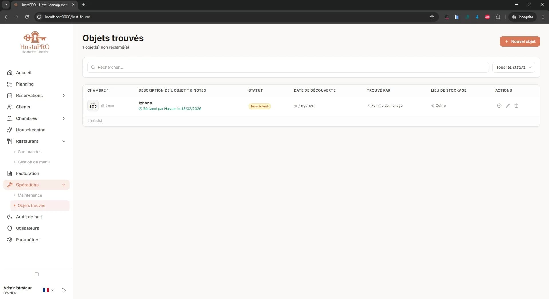Registre des objets trouvés HostaPRO pour enregistrer et suivre les objets trouvés dans les chambres et parties communes