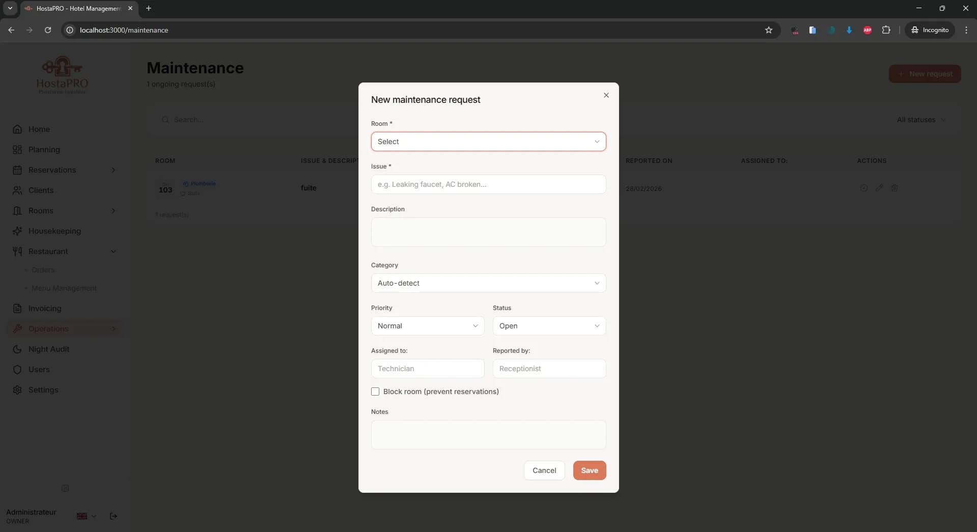 HostaPRO form to submit a new maintenance request for a specific room with priority and description