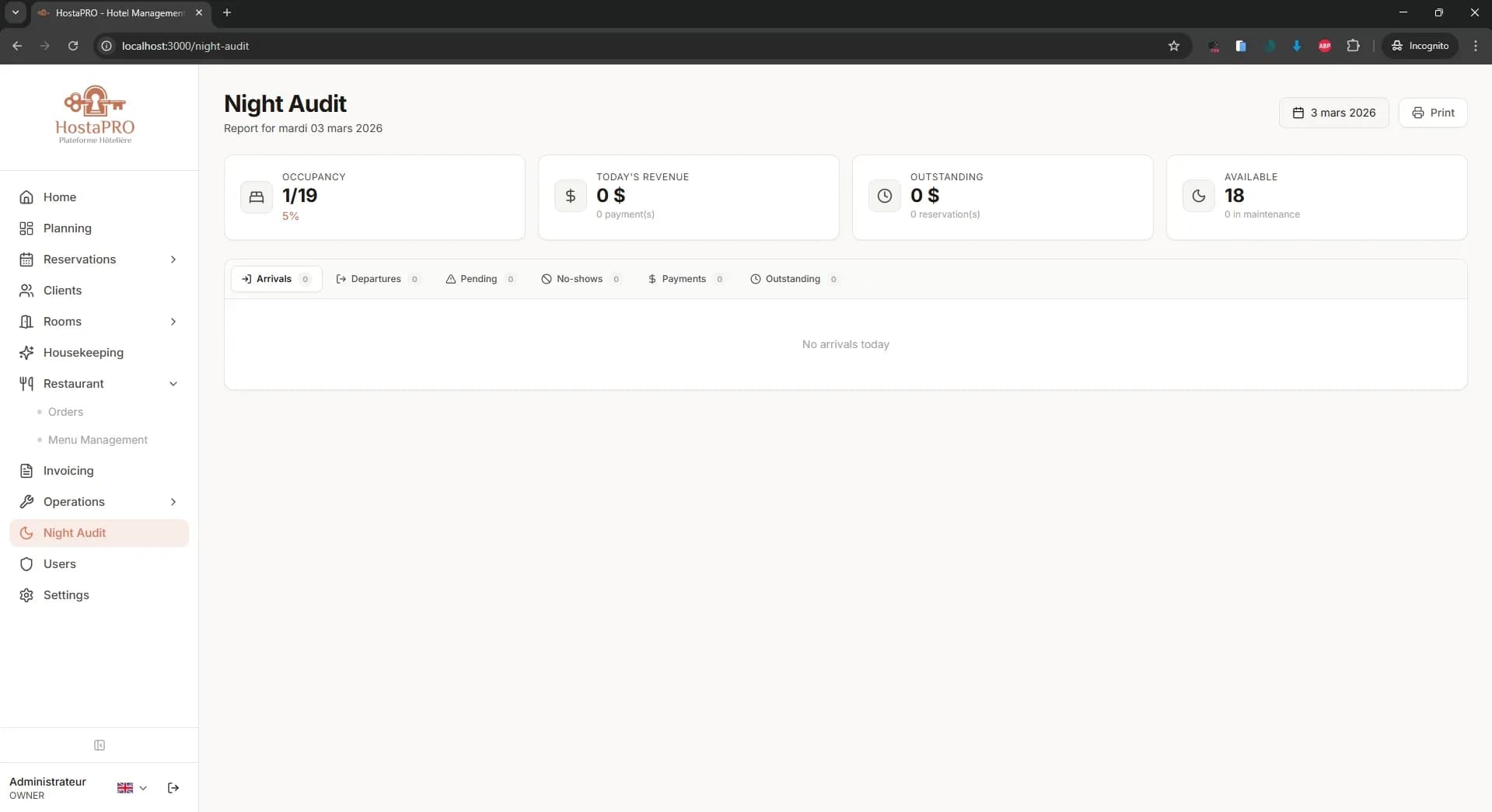 HostaPRO night audit screen summarising daily revenue, occupancy rates and closing balances