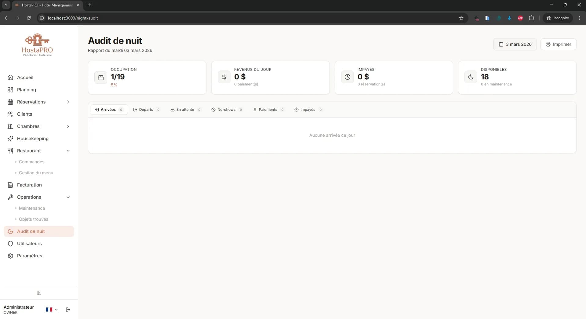 Écran d'audit de nuit HostaPRO résumant les revenus journaliers, les taux d'occupation et les soldes de clôture