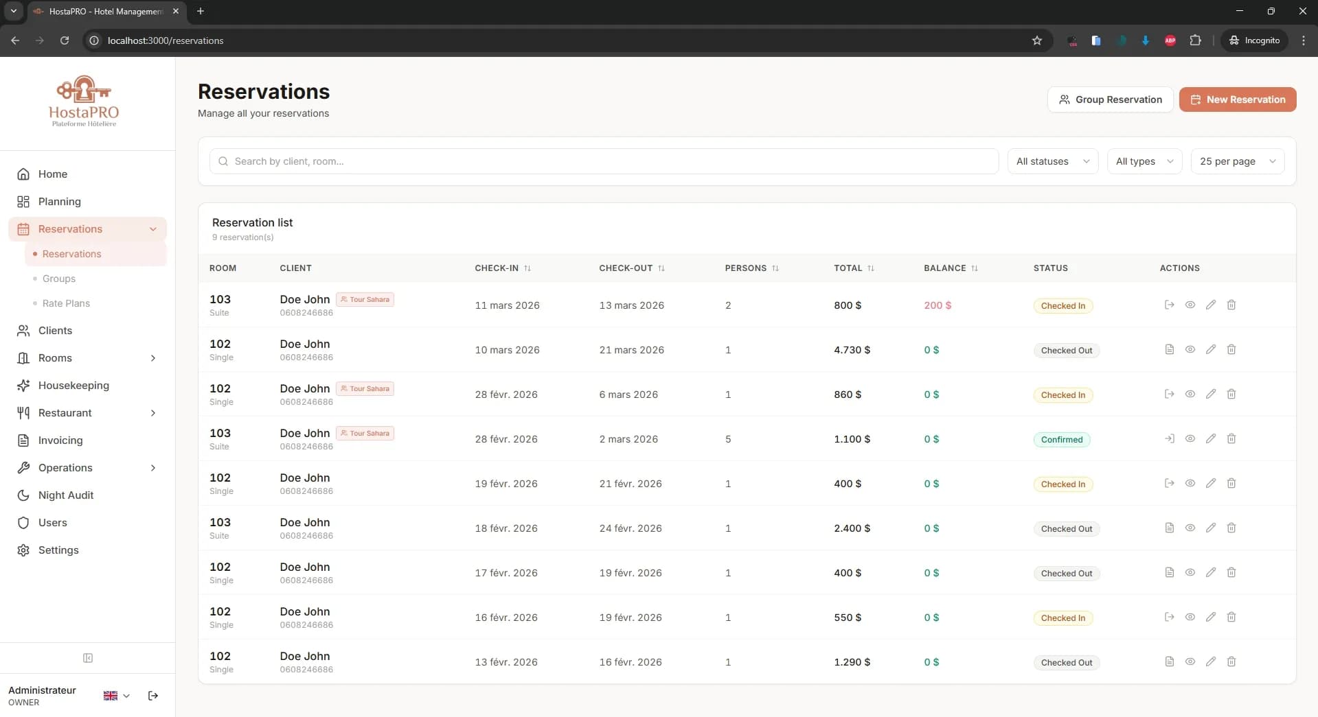HostaPRO reservations list showing all active and upcoming bookings with guest details