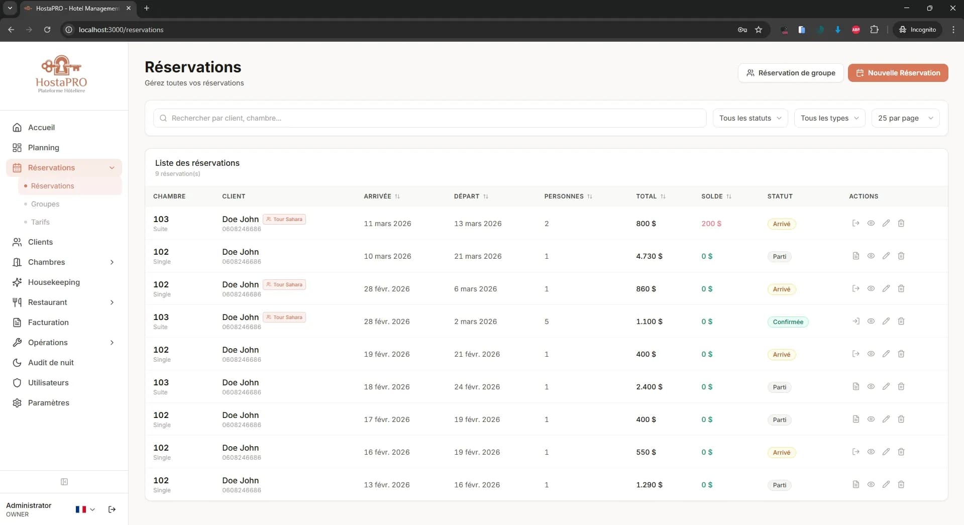 Liste des réservations HostaPRO affichant toutes les réservations actives et à venir avec les détails des clients