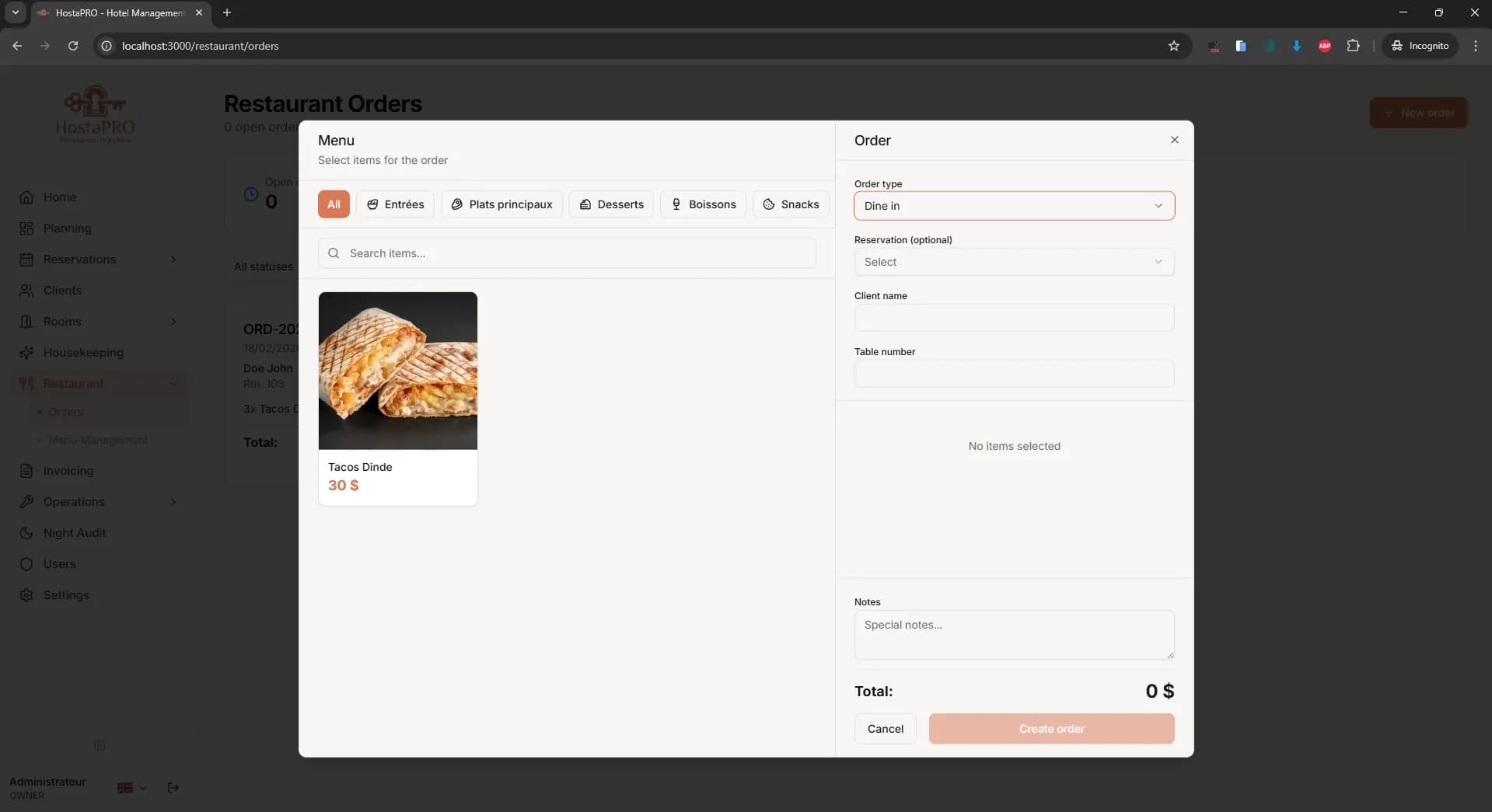 HostaPRO restaurant POS order creation interface with menu items, quantities and table assignment