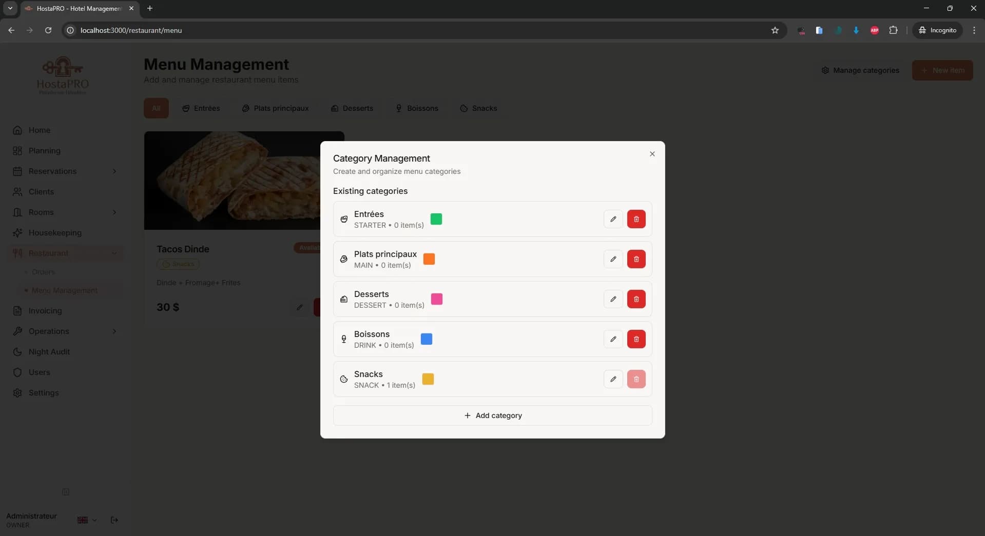 HostaPRO restaurant POS category management to organise menu items into structured sections