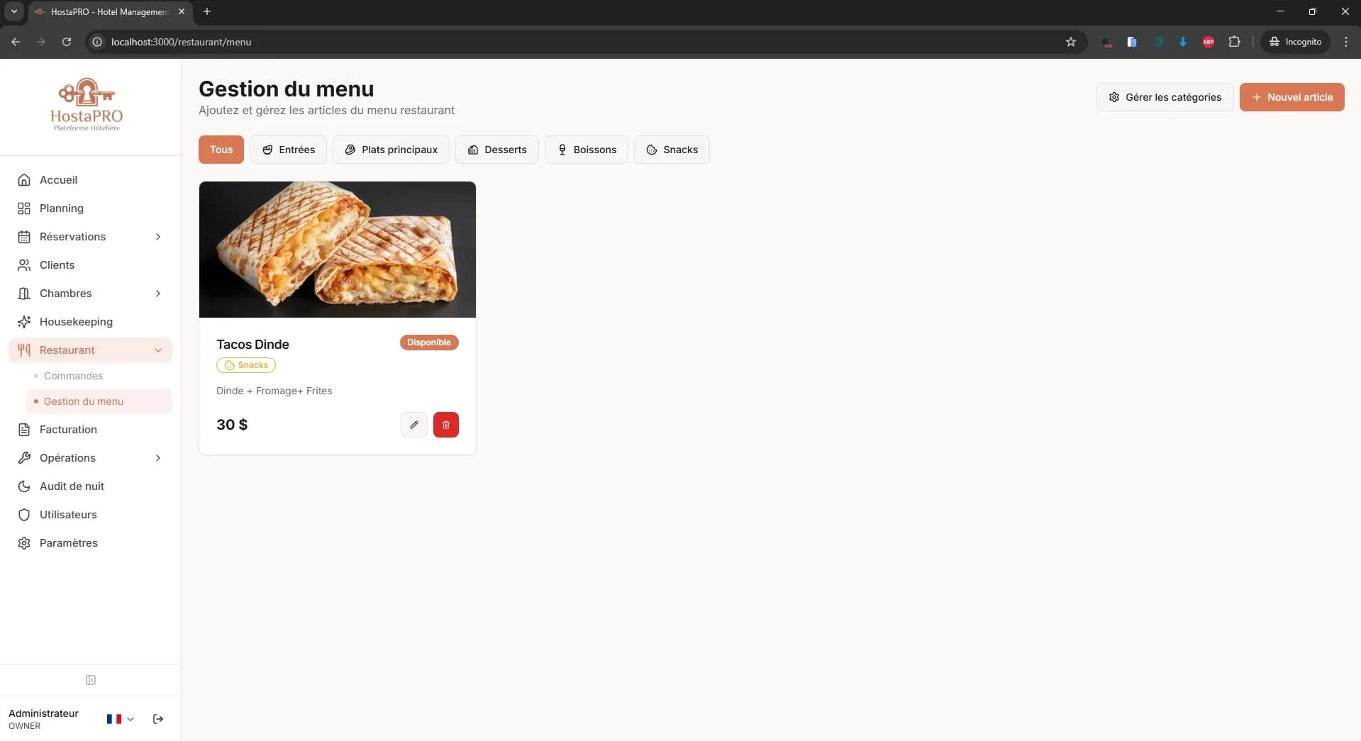 Gestion du menu du POS restaurant HostaPRO affichant tous les plats regroupés par catégorie avec les prix
