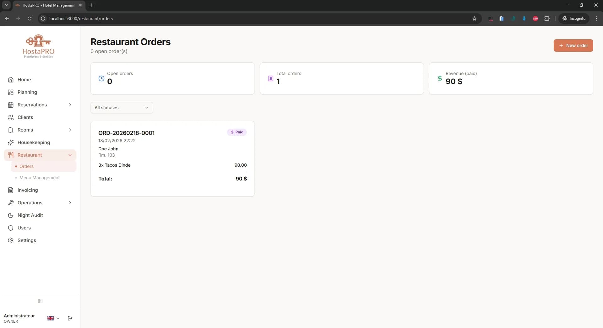 HostaPRO restaurant POS orders screen showing current table orders with items and totals