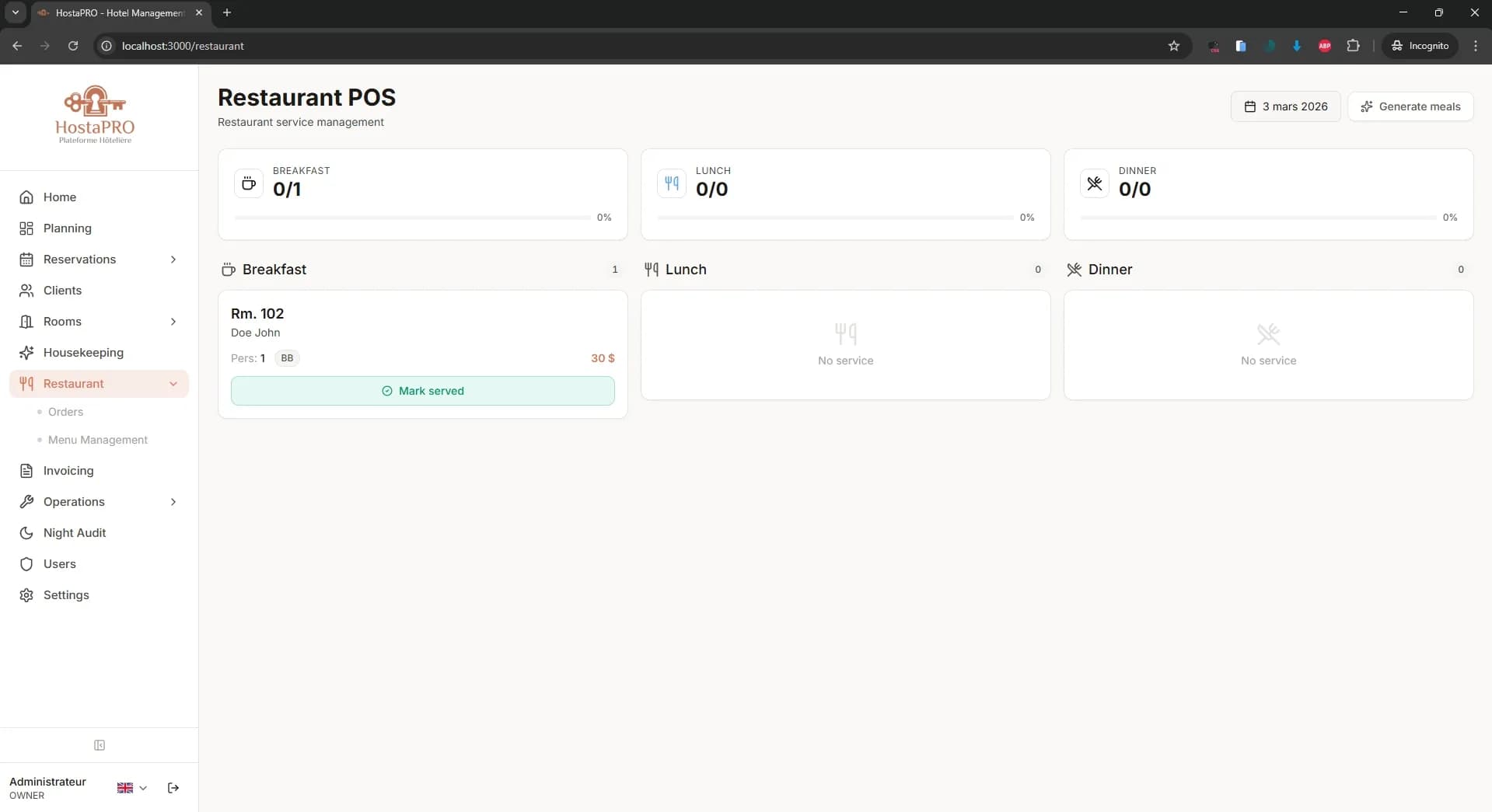 HostaPRO restaurant POS room service module linking food orders directly to guest rooms