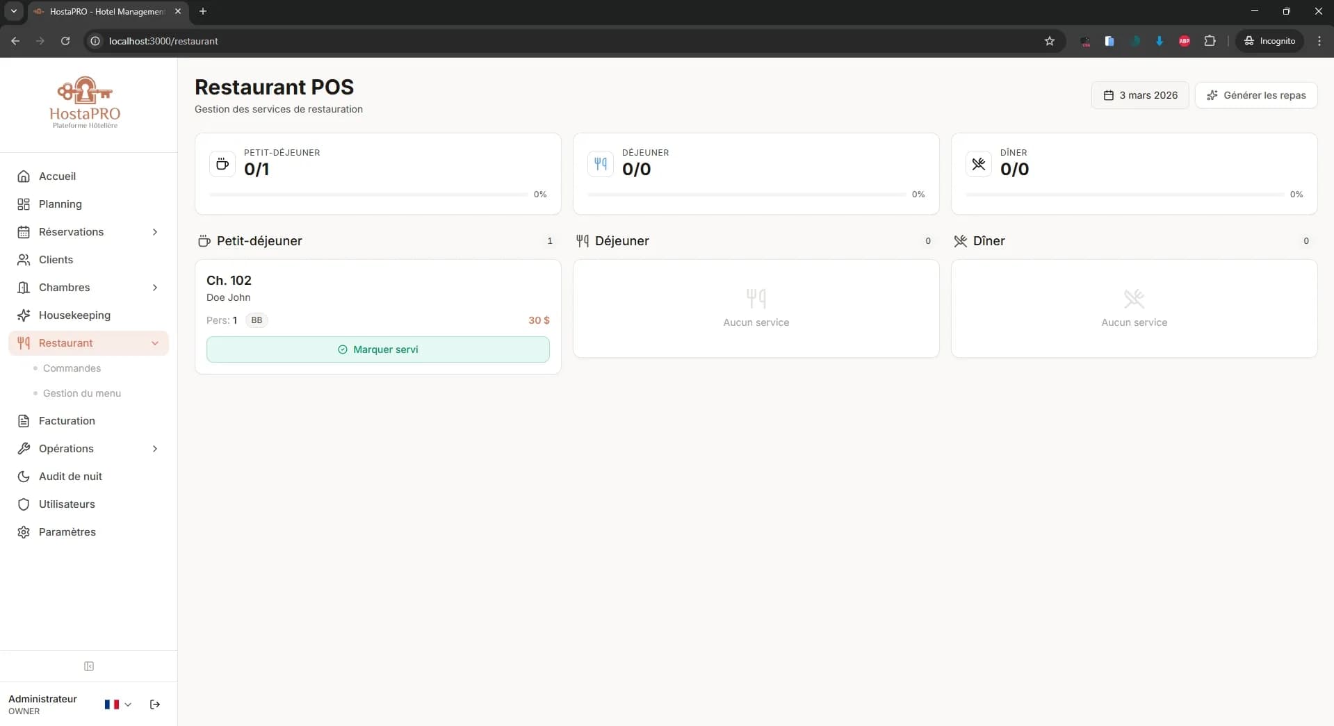 Module room service du POS restaurant HostaPRO reliant les commandes de nourriture directement aux chambres clients