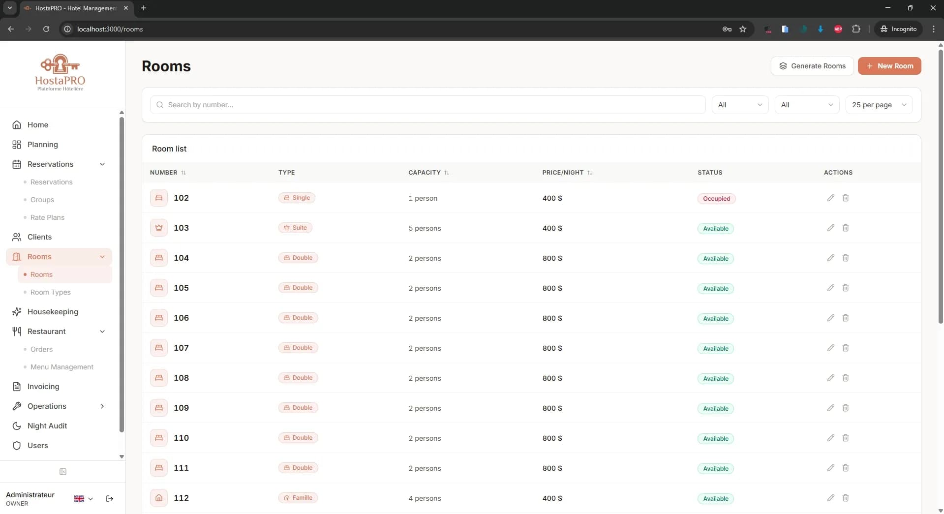 HostaPRO room generator tool to bulk-create multiple rooms by floor with automatic numbering