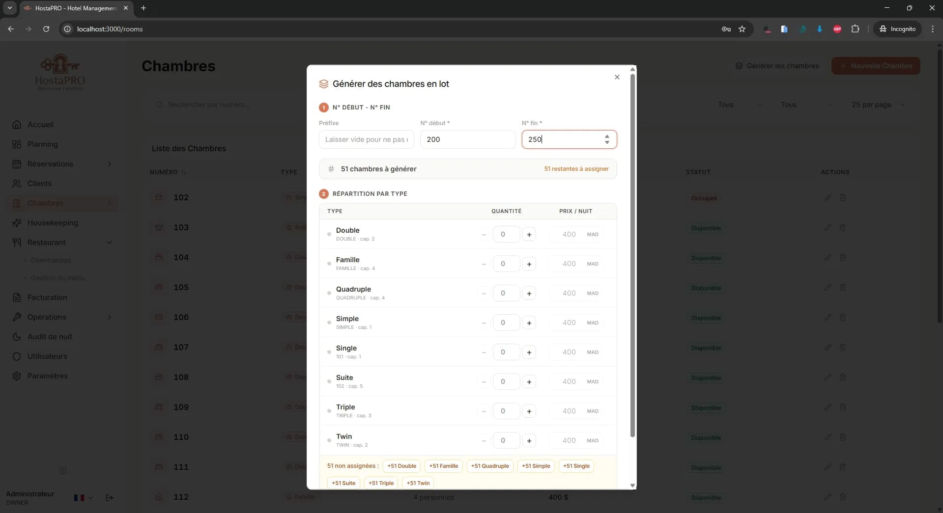 Outil HostaPRO de génération de chambres pour créer plusieurs chambres par étage avec numérotation automatique
