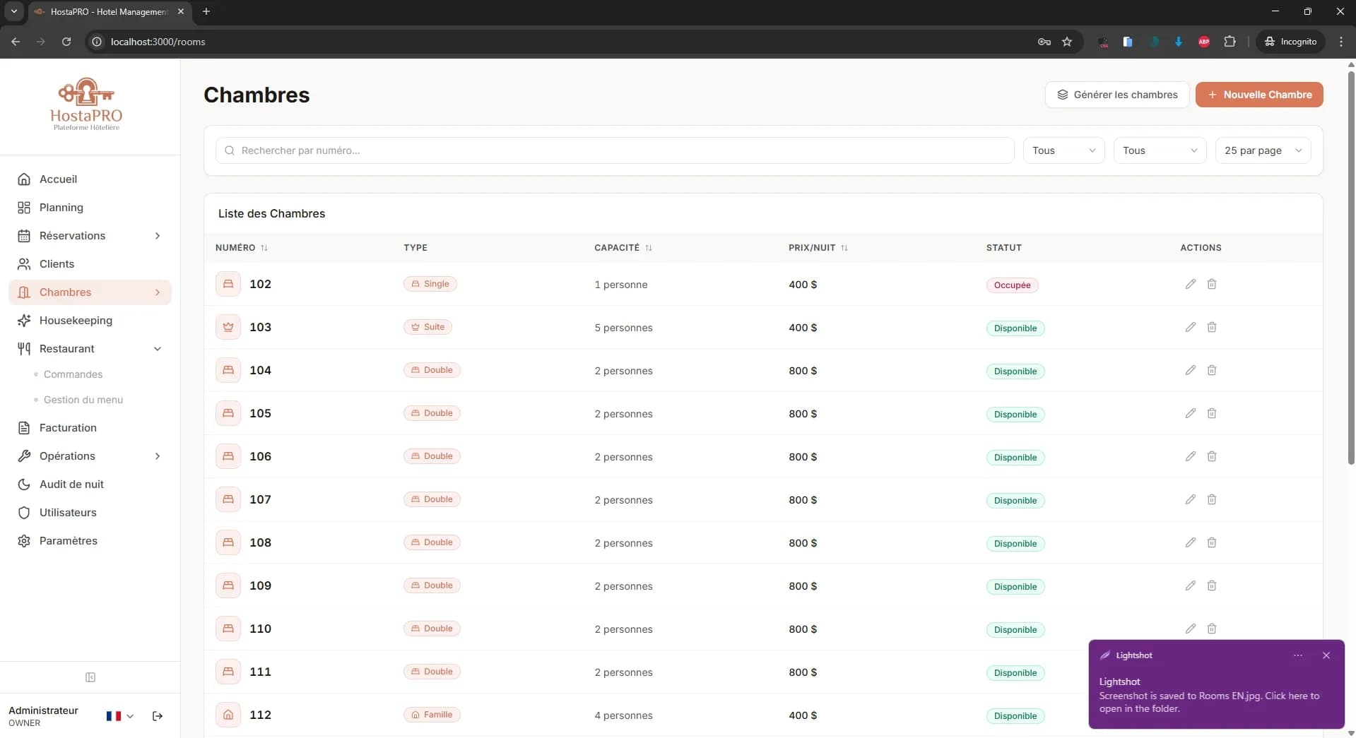 Vue d'ensemble des chambres HostaPRO listant toutes les chambres avec statut, type et occupation actuelle