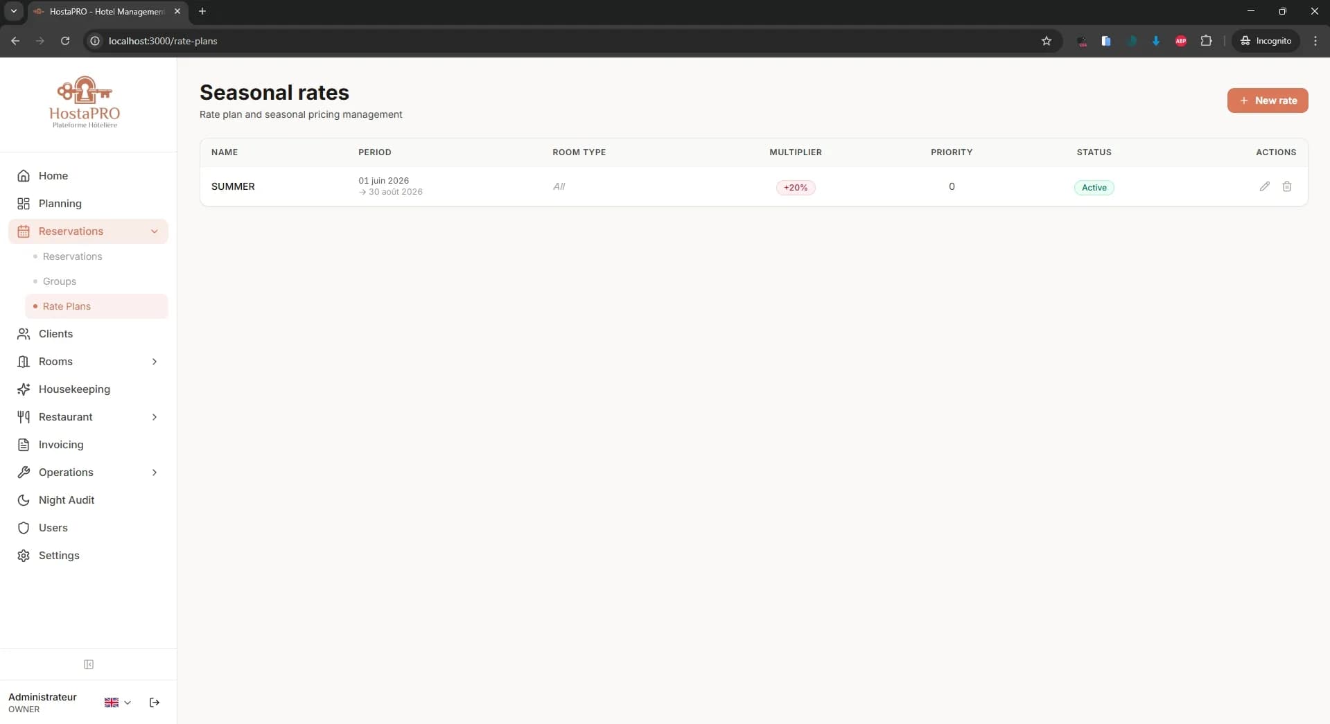 HostaPRO seasonal rate management showing different pricing periods and room-type tariffs