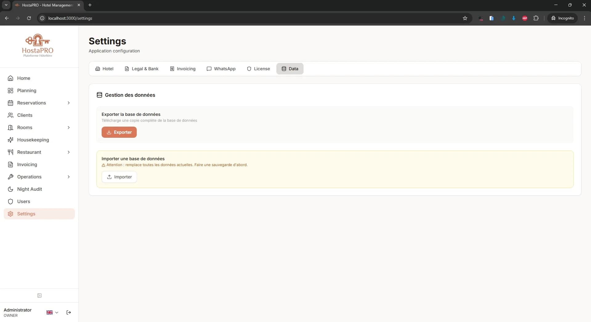 HostaPRO settings data backup tab with export, import and automatic backup scheduling options