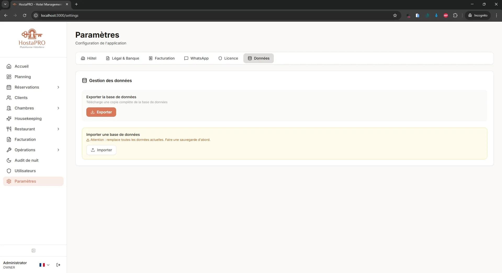 Onglet sauvegarde des paramètres HostaPRO avec options d'export, d'import et de planification des sauvegardes automatiques