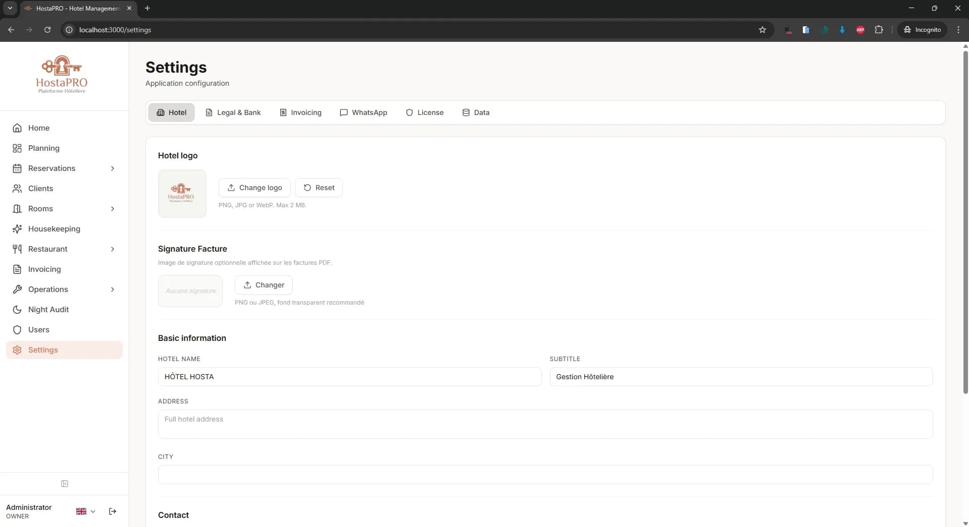HostaPRO settings hotel tab for configuring property name, address, category and general information