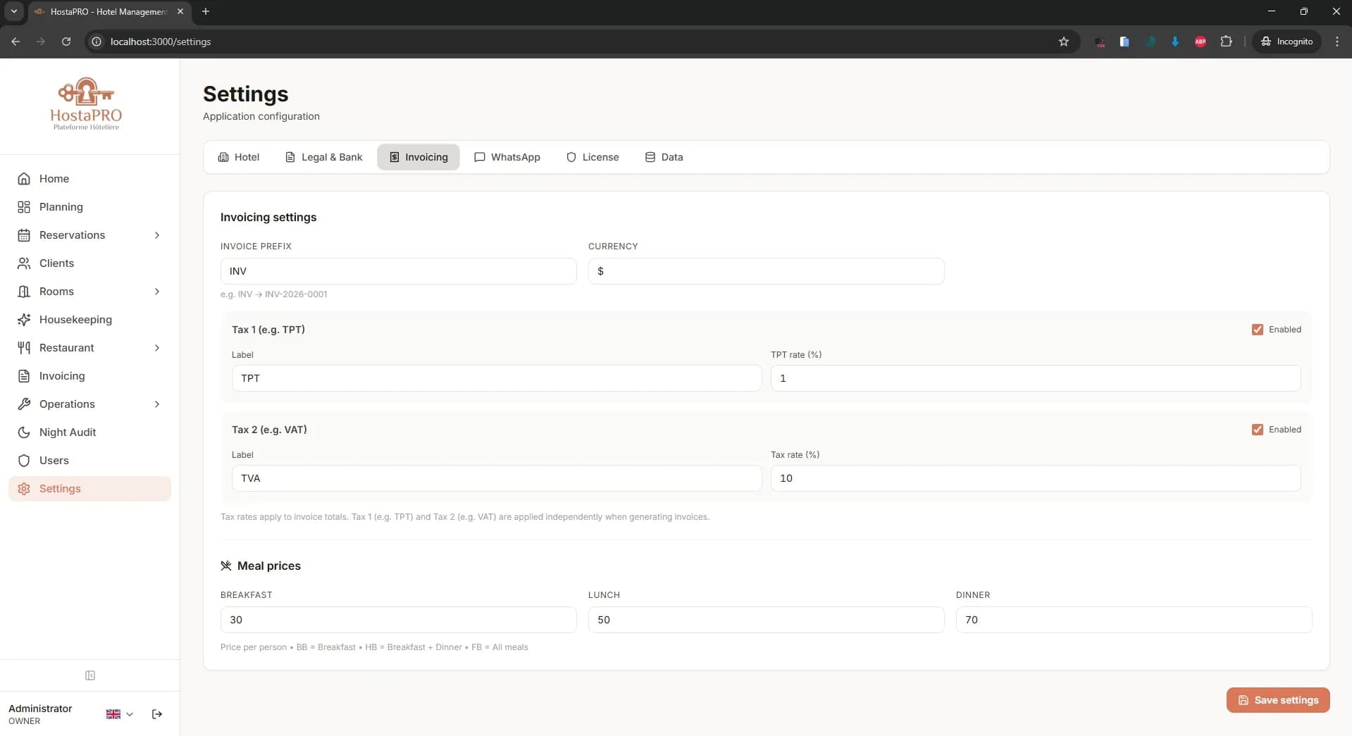 HostaPRO settings invoicing tab to configure tax rates, invoice numbering and billing defaults