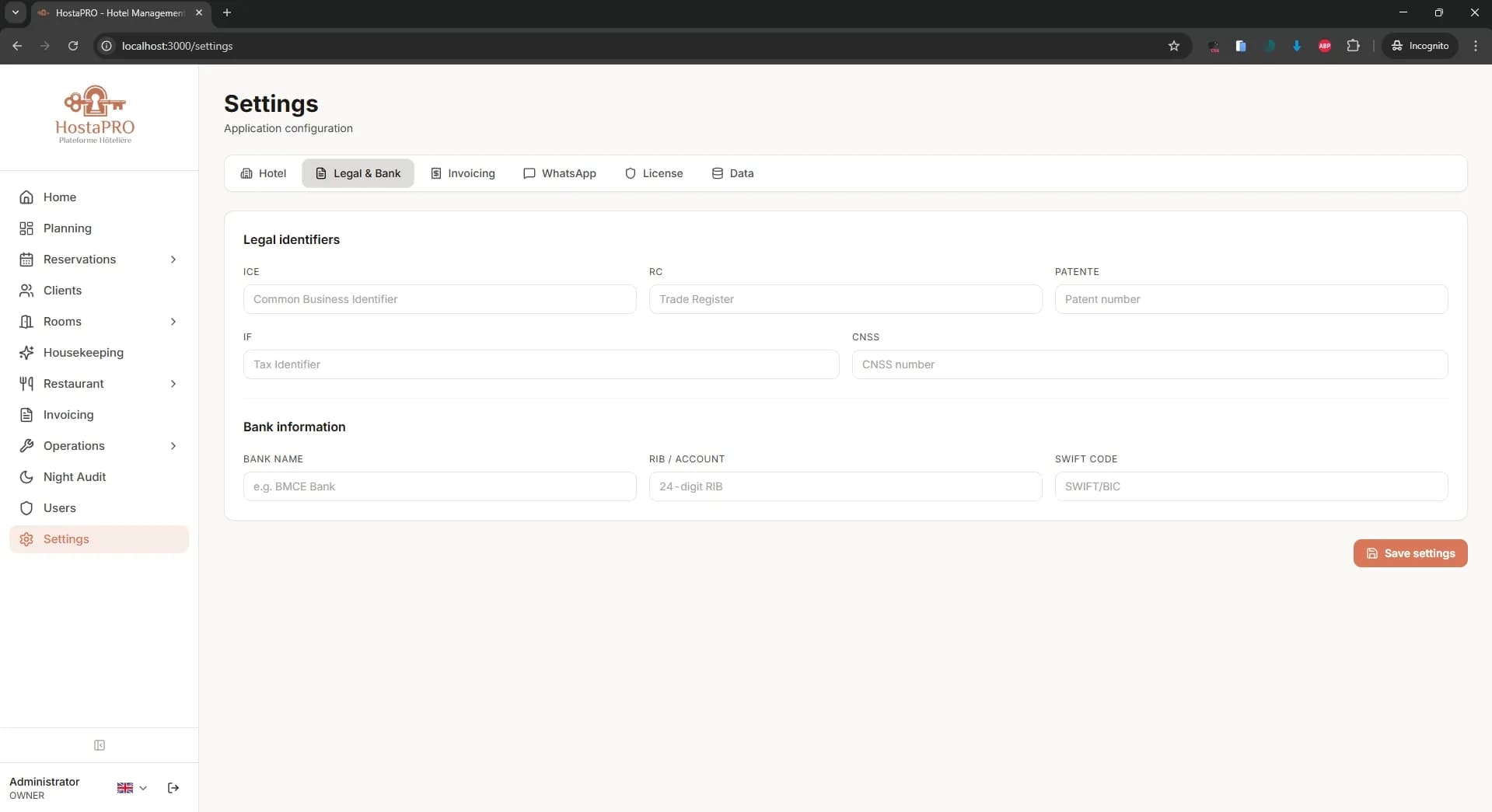 HostaPRO settings legal and bank tab for company registration details and bank account configuration