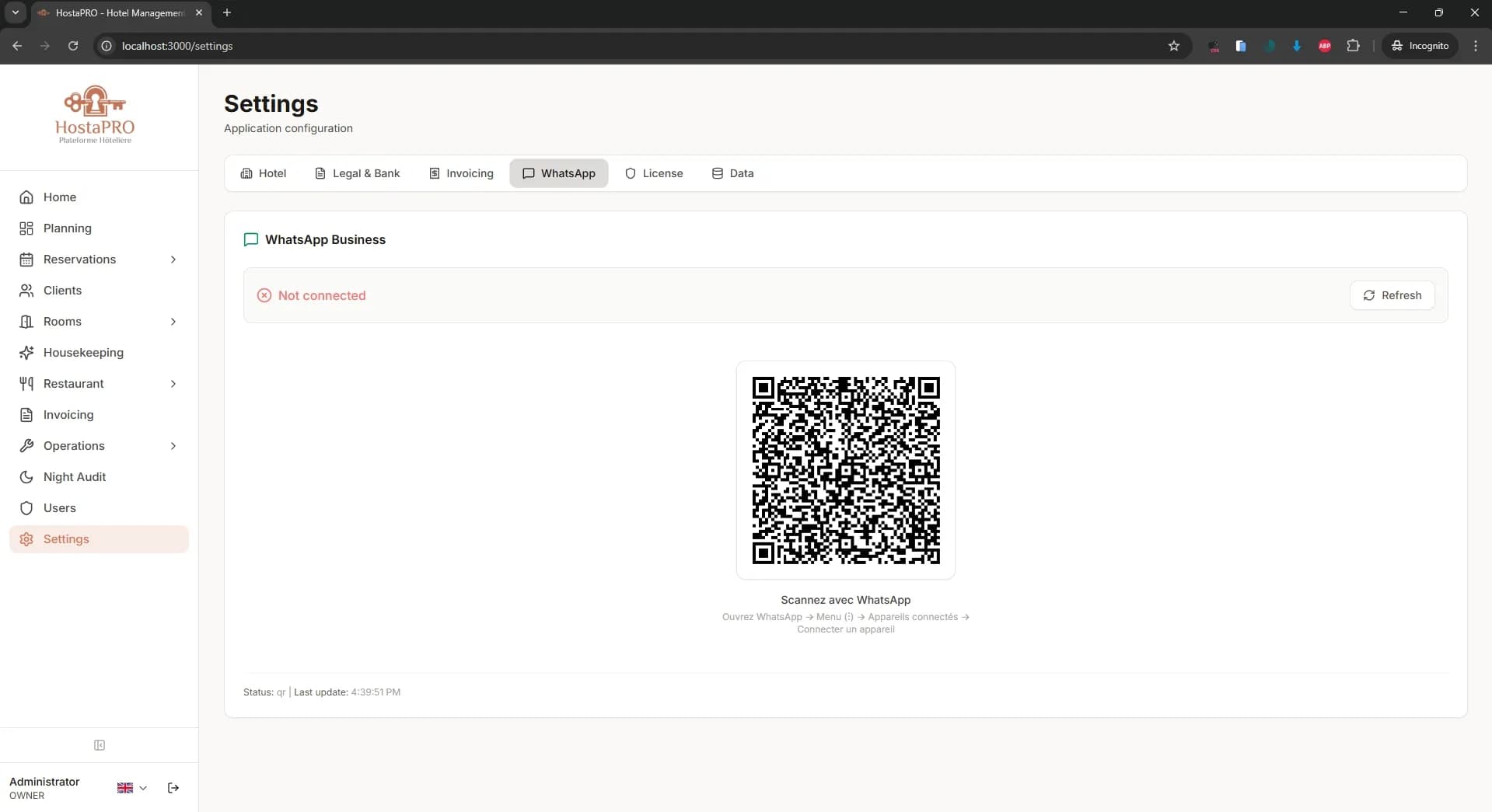 HostaPRO settings WhatsApp integration tab for connecting the hotel to automated guest messaging