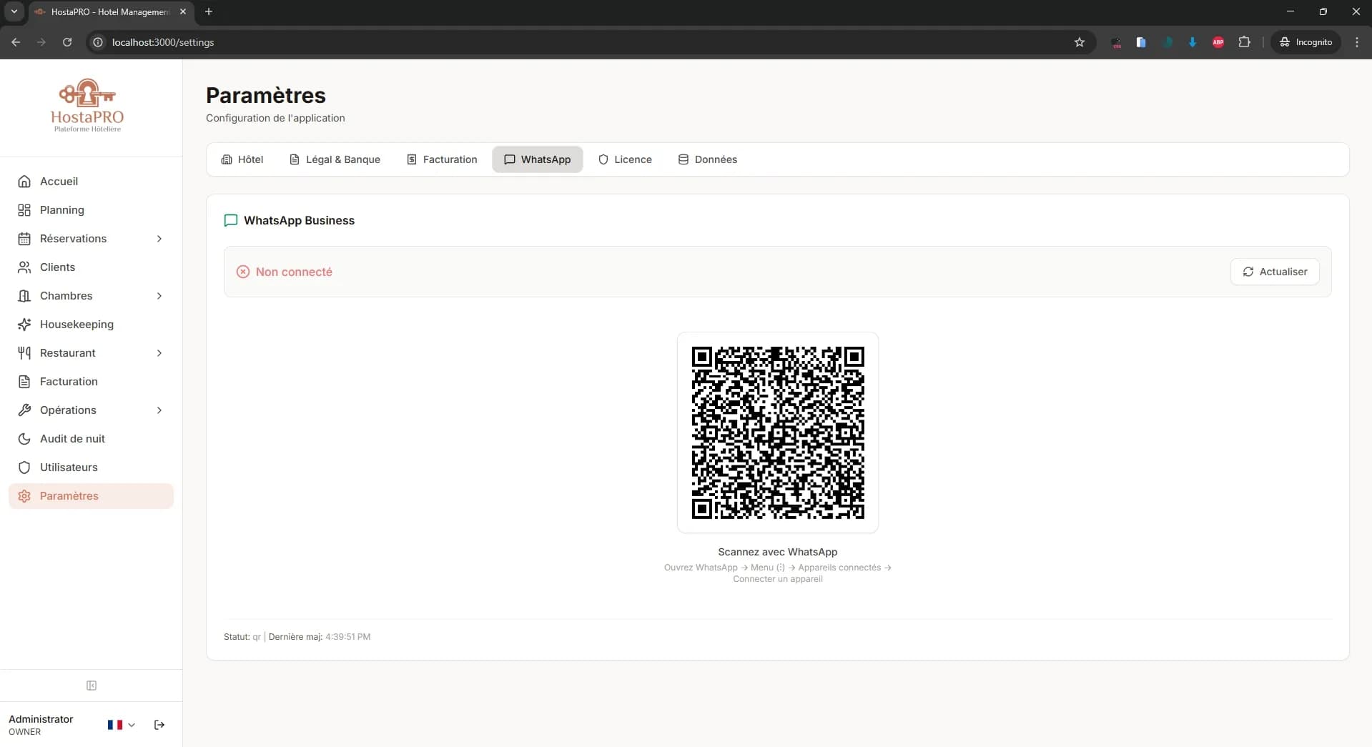 Onglet intégration WhatsApp des paramètres HostaPRO pour connecter l'hôtel à la messagerie client automatisée